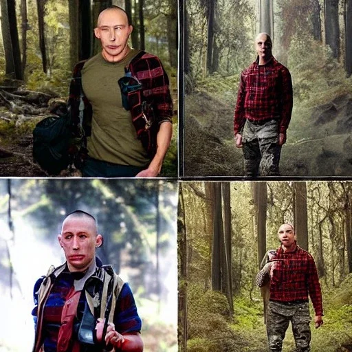 Georges st pierre with a red plaid shirt a jean and a military backpack in a creepy forest carrying a gun in the belt