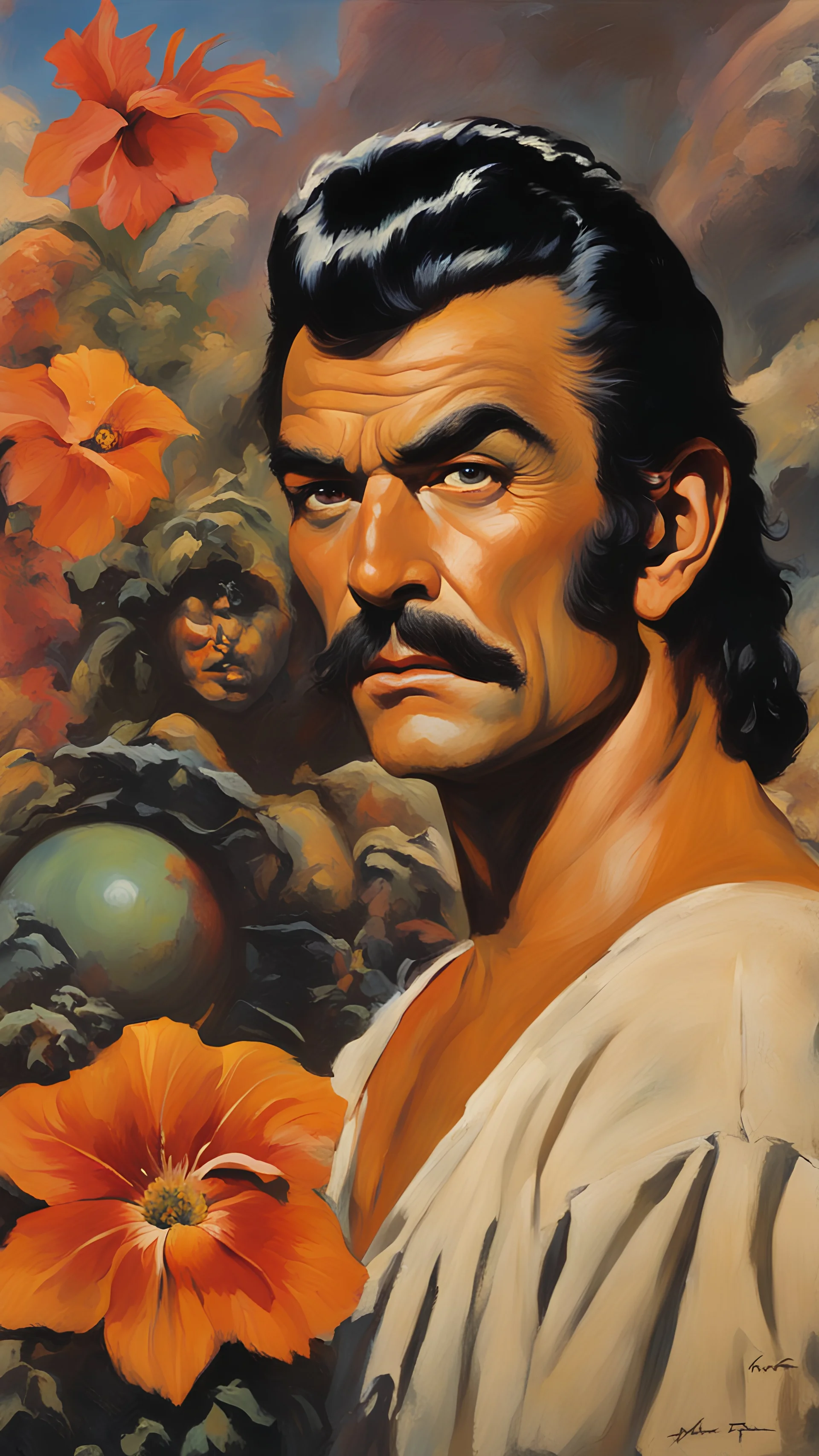 mugshot, Planet of the Vulcans, multicolored, large, floral designs, atmospheric, beautiful, oil painting by Frank Frazetta, 4k UHD, Photorealistic, professional quality