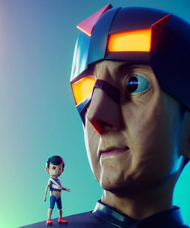 Portrait, cute boy climbed on top of a fat robot, Ultra realistic, retro futuristic style, Science Ninja Team Gatchaman style, wide angle view, soft color, highly detailed, unreal engine 5, ray tracing, RTX, lumen lighting, ultra detail, volumetric lighting, 3d, finely drawn, high definition.