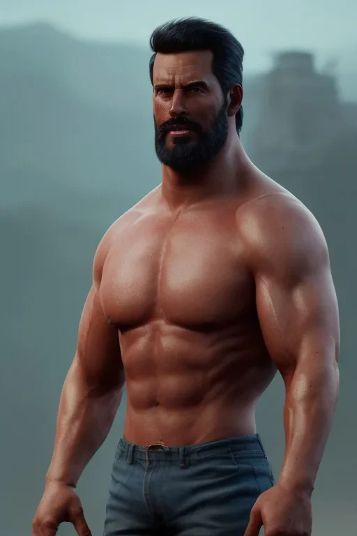 A upper body portrait of a beefy sexy man by Greg Rutkowski, Sung Choi, Mitchell Mohrhauser, Maciej Kuciara,full body, midjourney style, 8k, photorealistic, cinematic lighting, dramatic, atmosphereric,