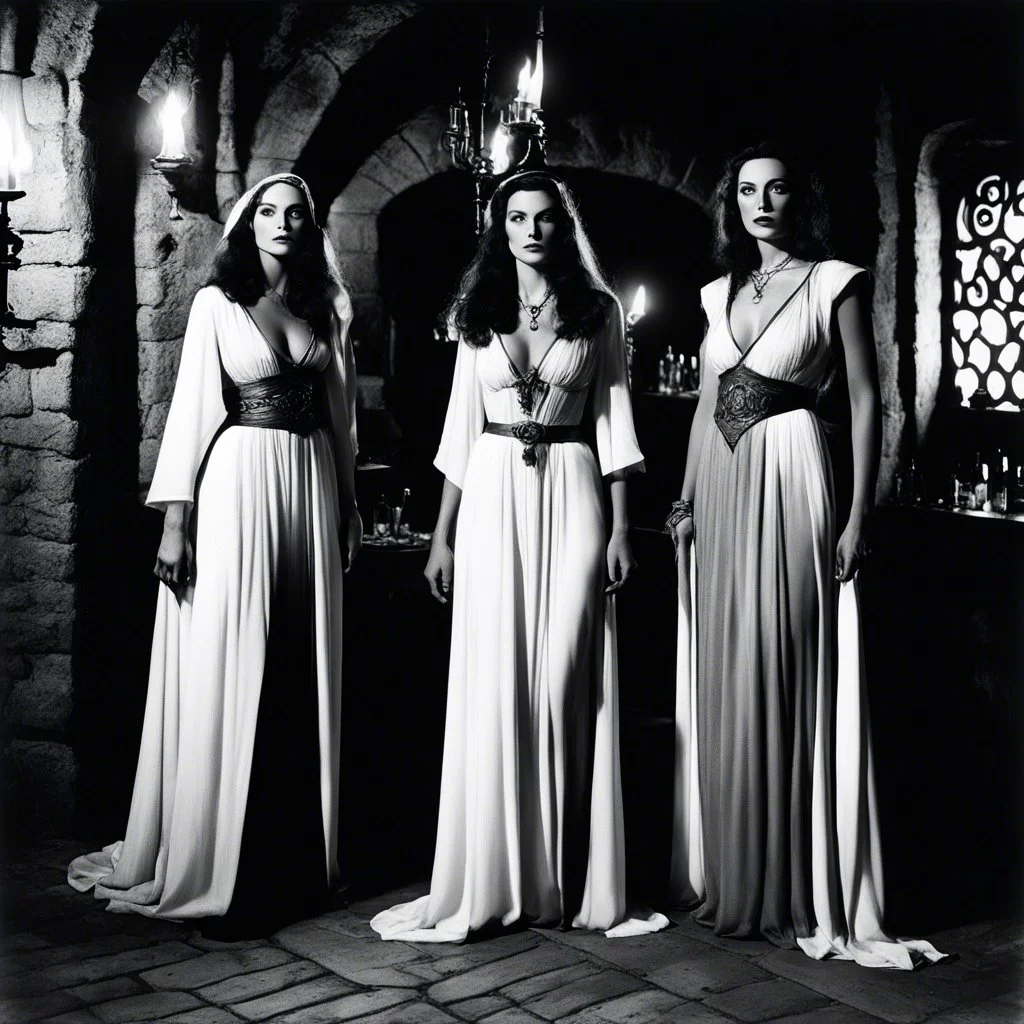 three sorceresses [high res photo of three women by Helmut Newton] in the flickering torchlight of the medieval tavern, three enchanting sorceresses stood side by side, their mystical auras shimmering with an otherworldly allure. Clad in flowing robes that accentuated their every movement, they exuded an air of command that silenced the rowdy patrons. Each of them possessed an undeniable presence, their gazes cutting through the haze of smoke and ale, demanding respect.