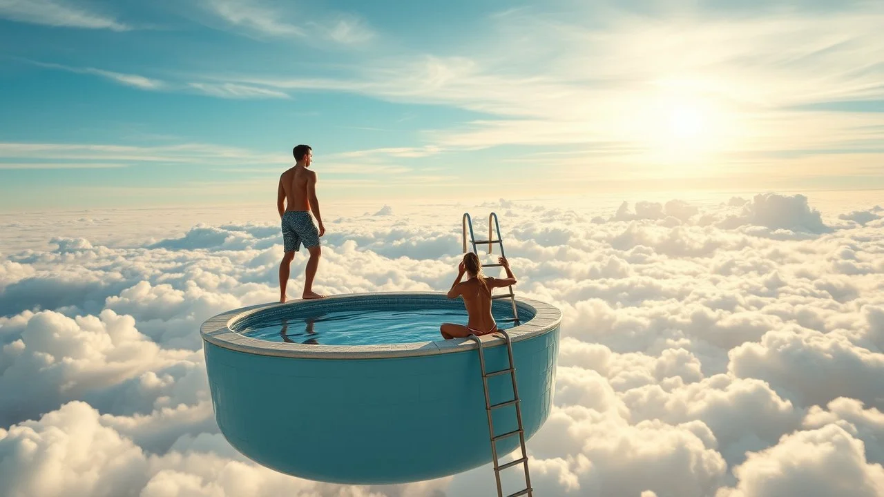 In a world where swimming pools floated among the clouds, two friends found solace in their whimsical escape. One perched atop the pool’s edge, gazing at the ethereal horizon, contemplating dreams that seemed just within reach, while the other diligently adjusted a makeshift ladder, ready to climb to new heights. With a shared bottle of laughter—and perhaps a hint of mischief—they vowed to chase their aspirations, diving into the unknown together, buoyed by the surreal beauty surrounding them.