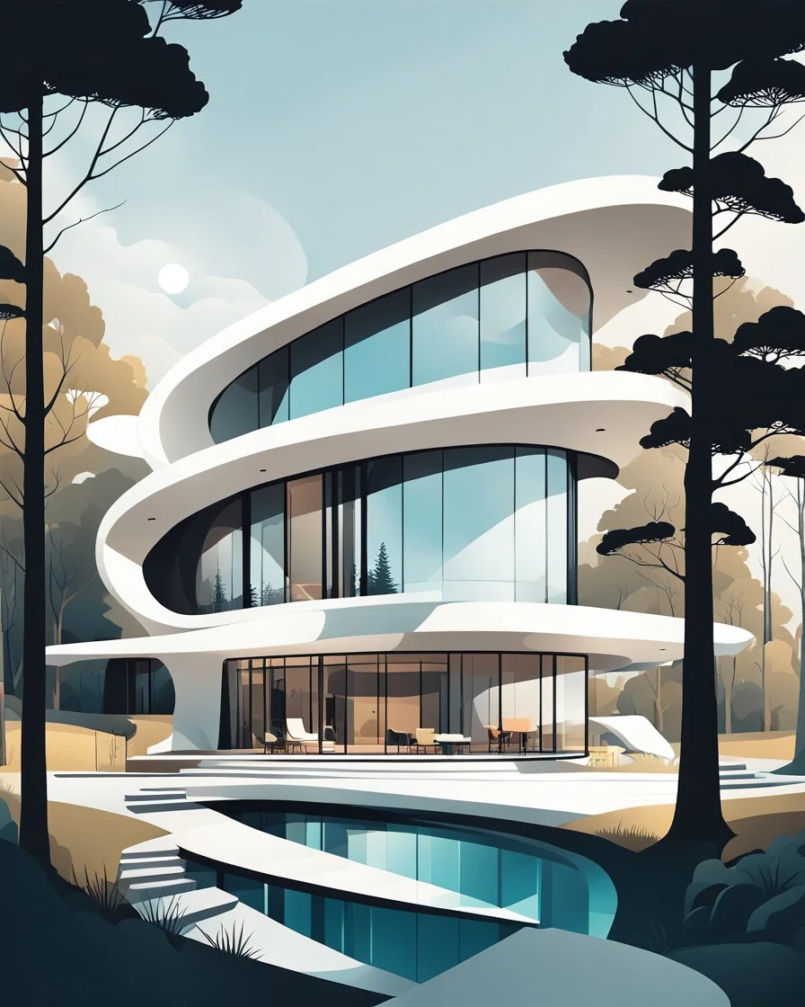 Vector illustration of a modern, neo-futufist country house with innovative shapes and curves. Concrete and glass materials. Trees, people