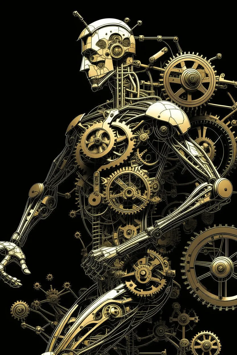 mechanical man punk cypher dancing detailed cogs and screws leonardo da vinci style detail STYLE OF Hiroshi Nagai