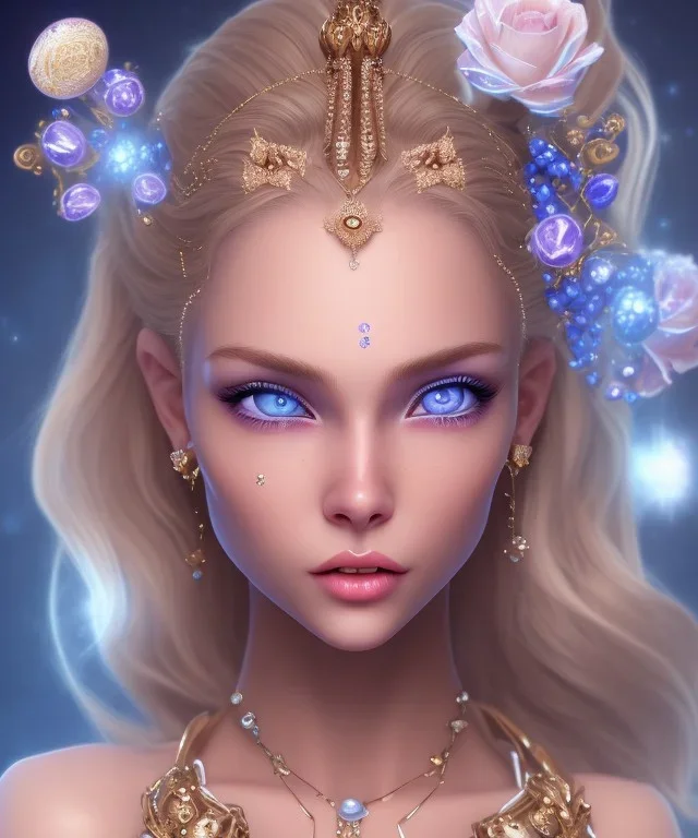 Femme cosmique, très belle ,fine, jolie, yeux bleu, douceur, belle lèvres, sourire, visage de côté, éclairage d'accentuation, cheveux blond ondulé avec des fleurs, collier en cristaux, très détaillé, pépites dans les cheveux, dof, ultra realiste, code sur le front