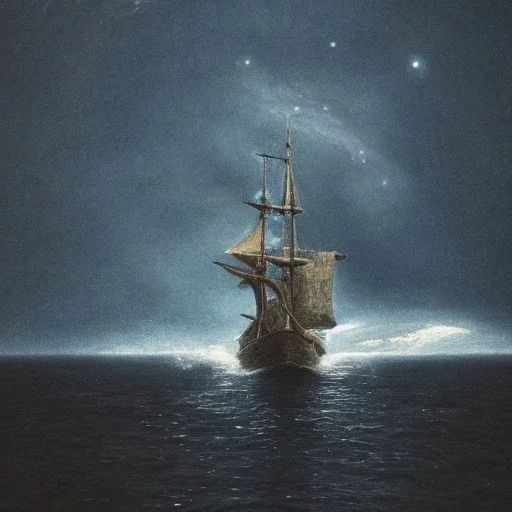 Ancient ship drifting on the ocean, dark deep azure extensive and tempestuous restless mighty alone mid placid immeasurable, boundless wide and tumultuous dusky mystic vast and moist