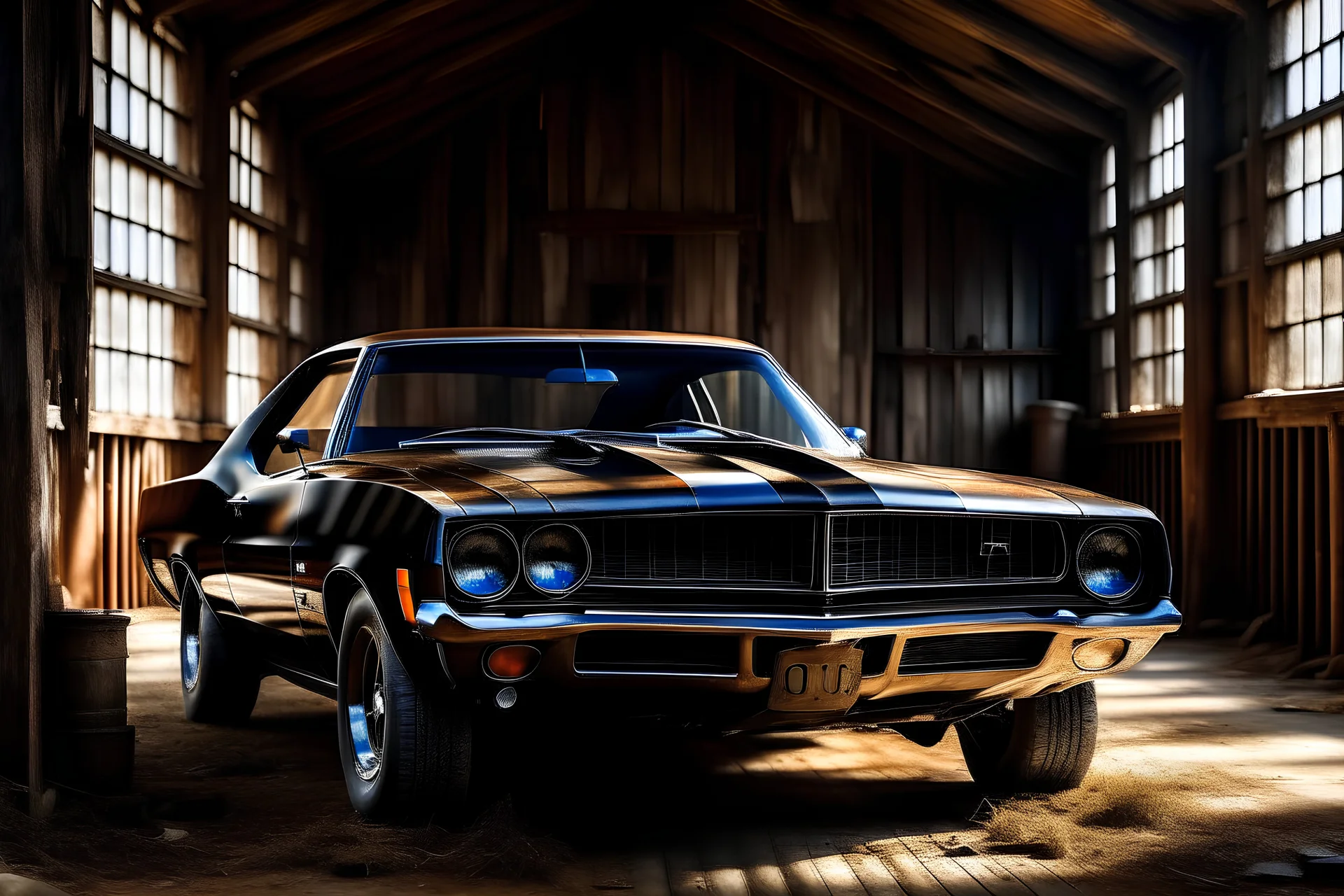 abonded american muscle car in a barn oil paint