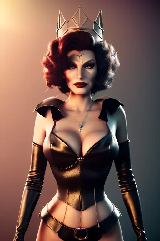 Rita Hayworth as evil queen in black leather, leather, busty, cleavage, angry, stern look. character design by cory loftis, fenghua zhong, ryohei hase, ismail inceoglu and ruan jia. unreal engine 5, artistic lighting, highly detailed, photorealistic, fantasy