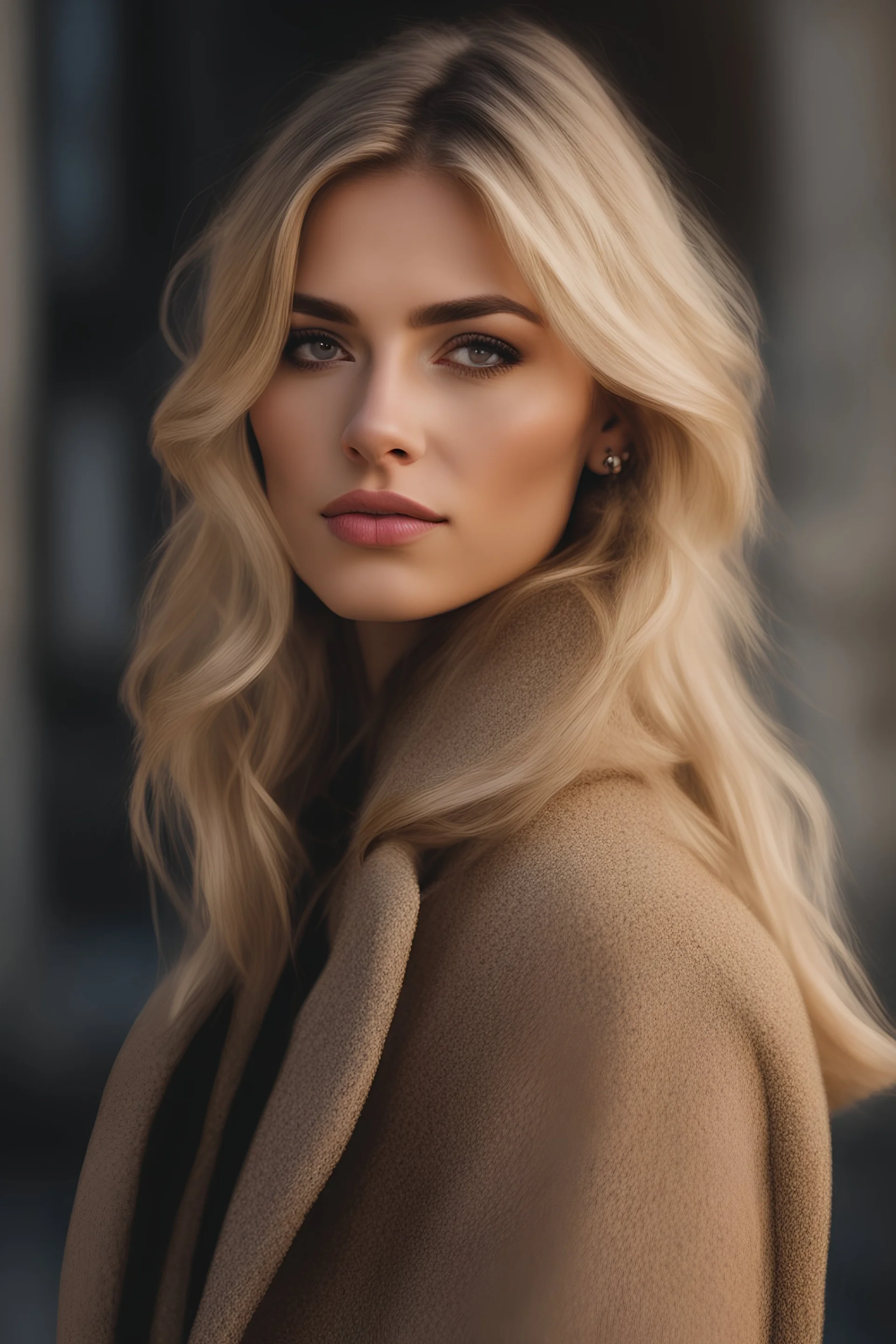 Young woman, lovely face, Dark brown eyes, elegant coat, blonde medium hair, outdoors, realism, dynamic lighting hyperdetailed intricately detailed photo triadic colors