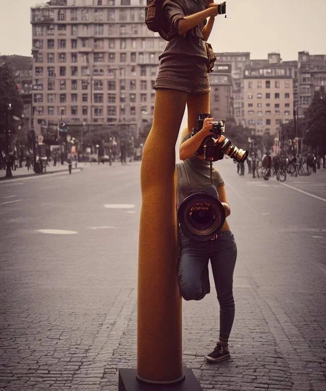 Statue of Queen of photography. Cute blonde woman. Photographer in golden crown. Standing on the street. Big camera in her hand. hyperdetailed, photorealistic, trending on artstation, greg rutkowski, beksinski, kodachrome, lomography, golden hour, bokeh, volumetric light