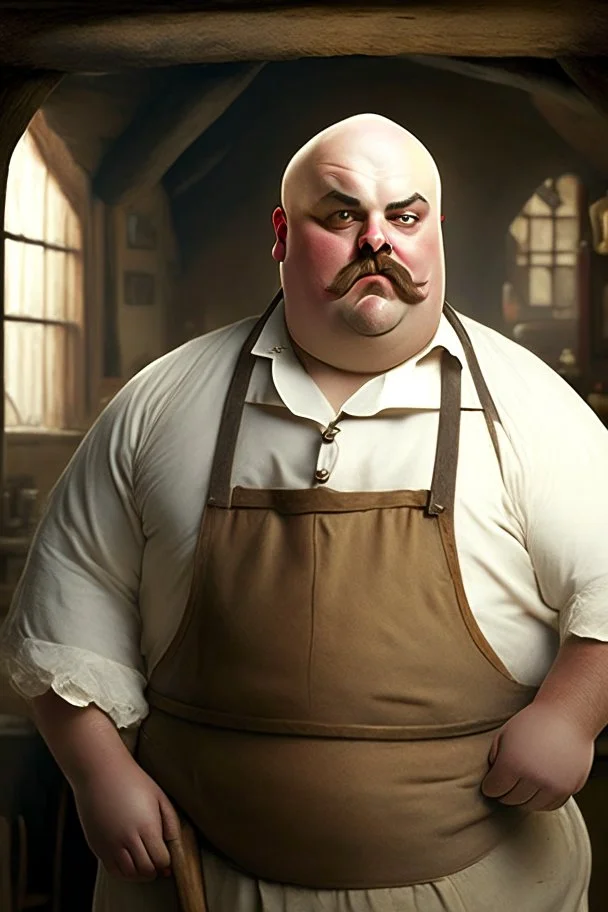 fat bald innkeeper with white dirty apron and moustache