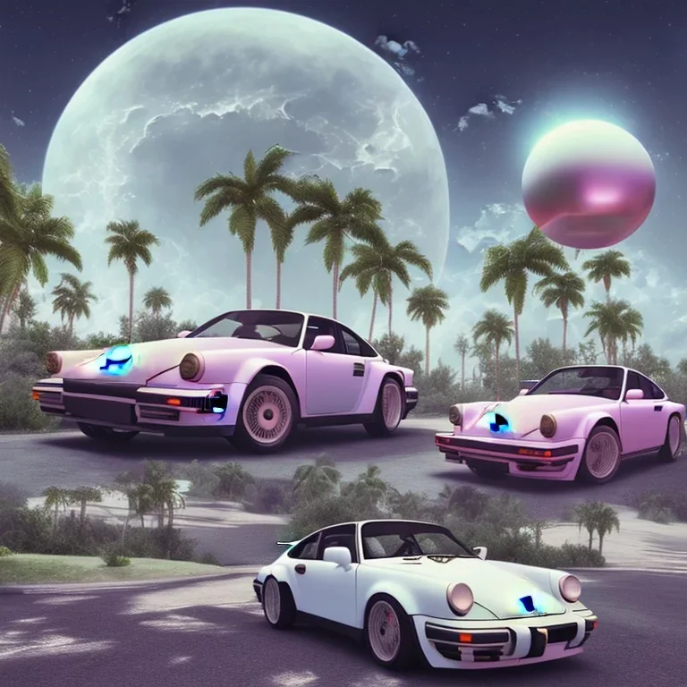 1980's aesthetic vaporwave palm trees and spheres and Porsche with lightning