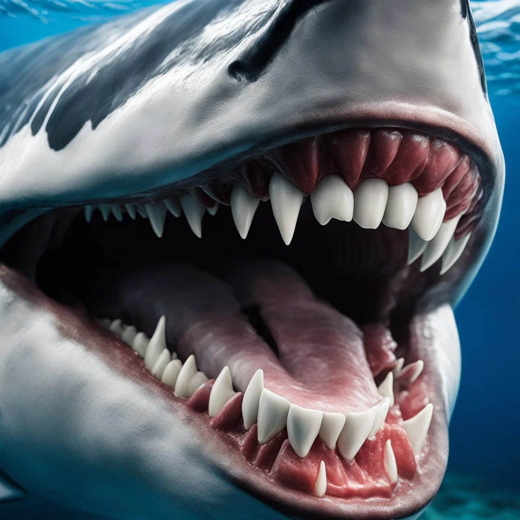 A hyper-detailed, cinematic close-up zoom of a human mouth in mid-chew, gripping and chewing an enormous great white shark like a piece of food. Realistic teeth and saliva, dramatic tension in the jaw, visible shark texture and fins as if swallowed partially. Intense lighting with high contrast, shallow depth of field, ocean-blue color accents, ultra-photoreal style, 8k detail, central composition, no text, no logos, no extra characters, dark dramatic background.
