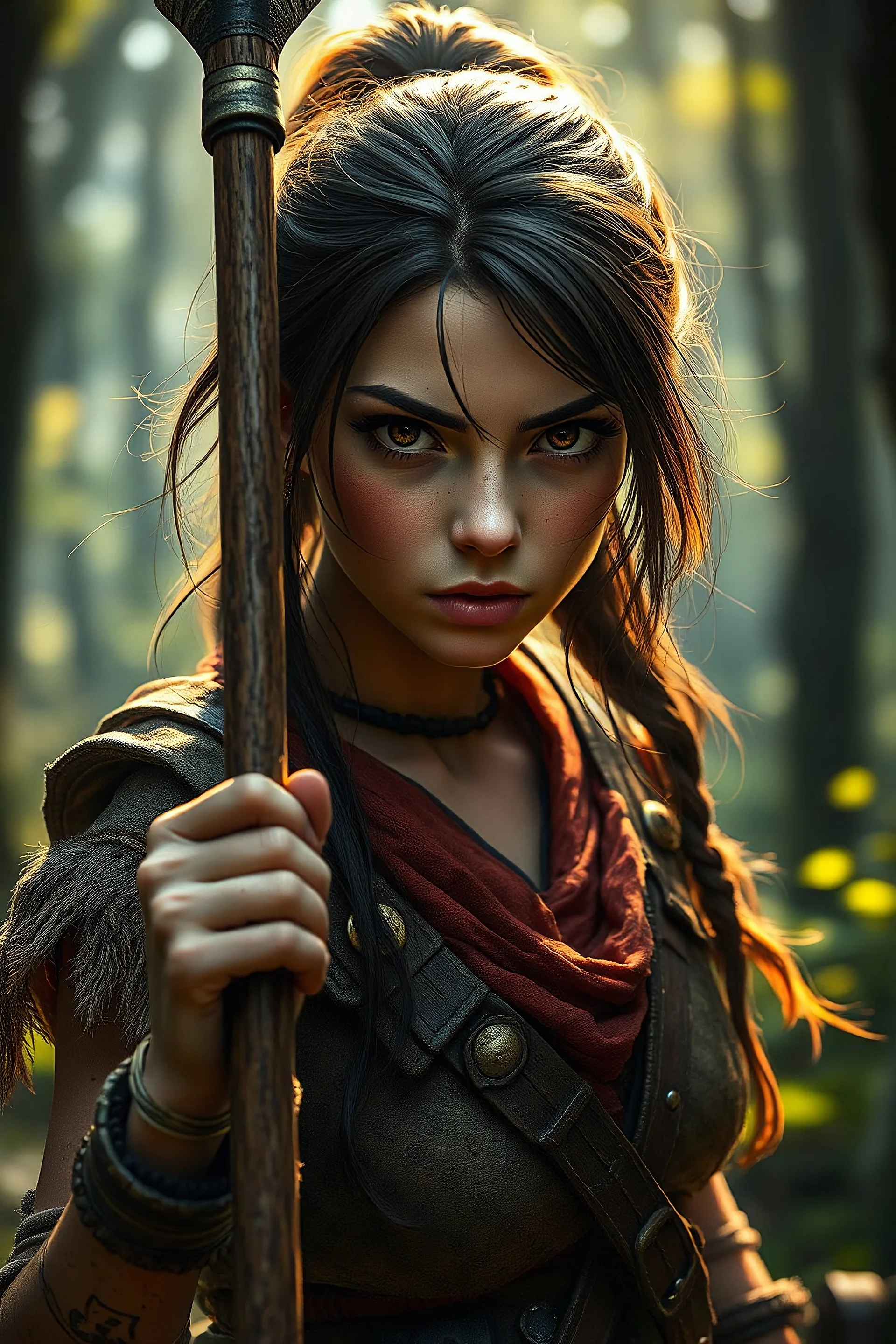 Ghibli movie. gerhart, guweiz. portrait of a fierce beautiful girl holding a spear, hunter, forest background, fantasy, ghibli. using natural light to highlight weathered textures. with a forest background. with an emphasis on expression and mood.