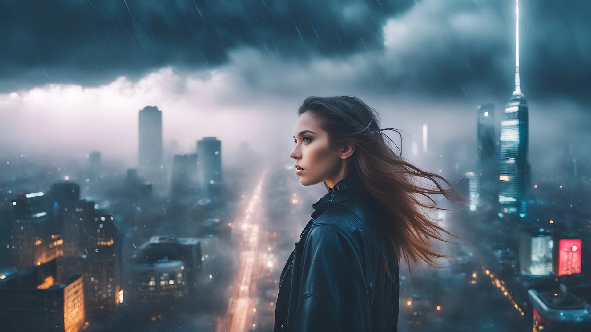 cyberpunk [foggy cityscape in the distance : very pretty girl, city:0.33] immersed in a giant flow of wind, living in a thunder cloud, behind the cloud, (double exposure:1.3), photo by Brandon Woelfelmist, surreal dream, gray atmosphere, rainy day, dynamic, lut, hdr