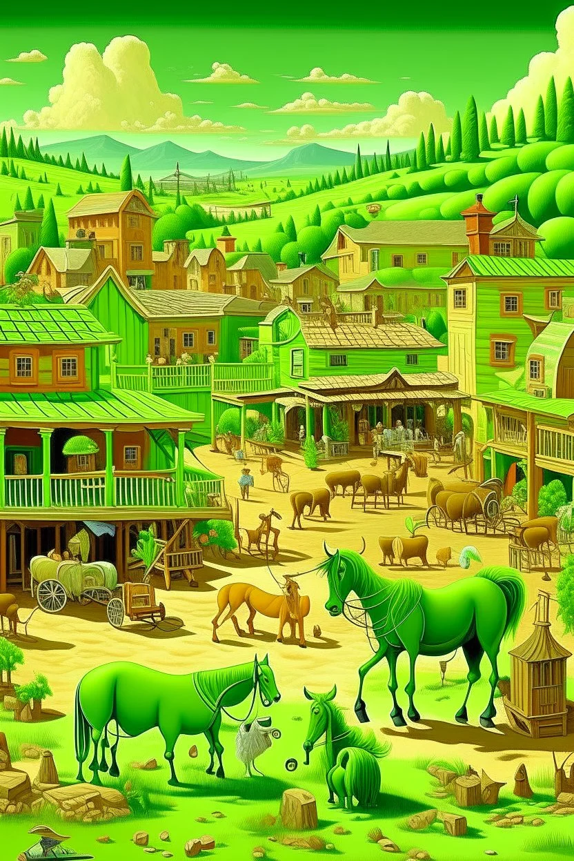 A lime green western town with animals painted by Edward Hicks