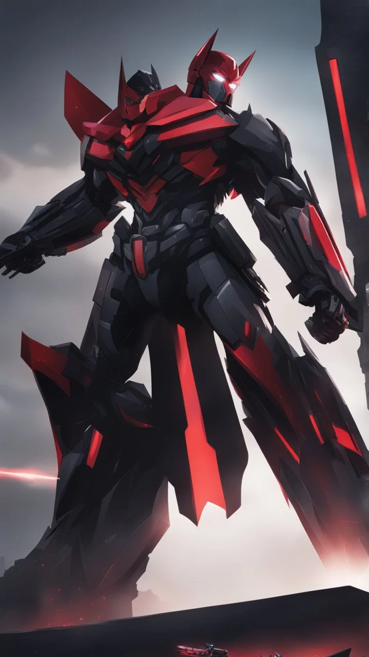 A close picture to Mix between transformers and batman in solo leveling shadow art style with red details detailsis in fantasy world