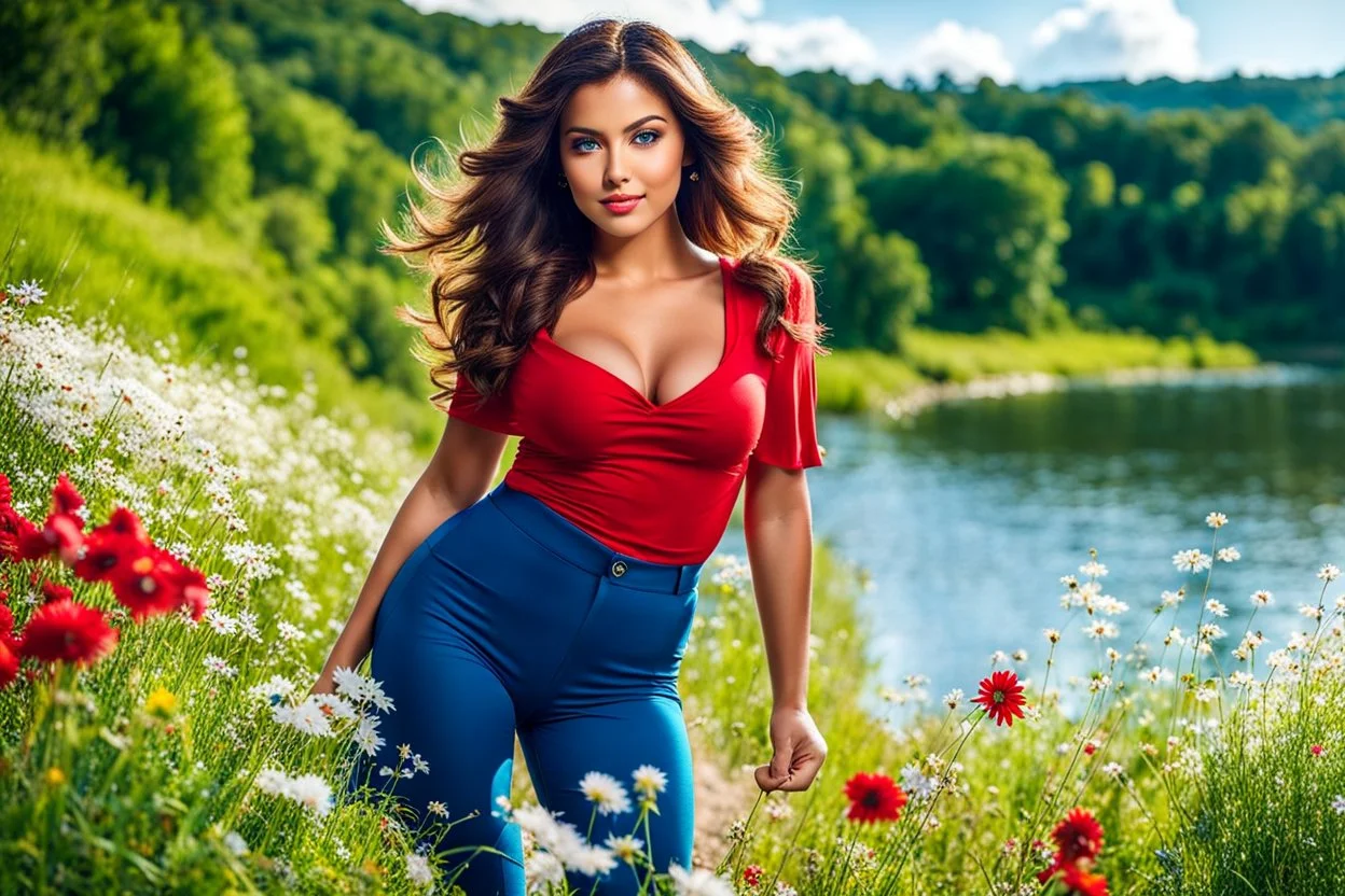 beautiful girl supper model, in nice red top ,blue pants, with curvy hair,perfect face,perfect eyes,country side wavy narrow river ,wild flowers ,blue sky nice clouds,