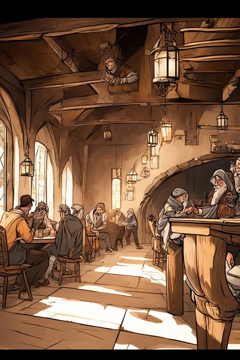 Lots of People sitting around tables in a medieval tavern with a stone floor, add people to the chairs