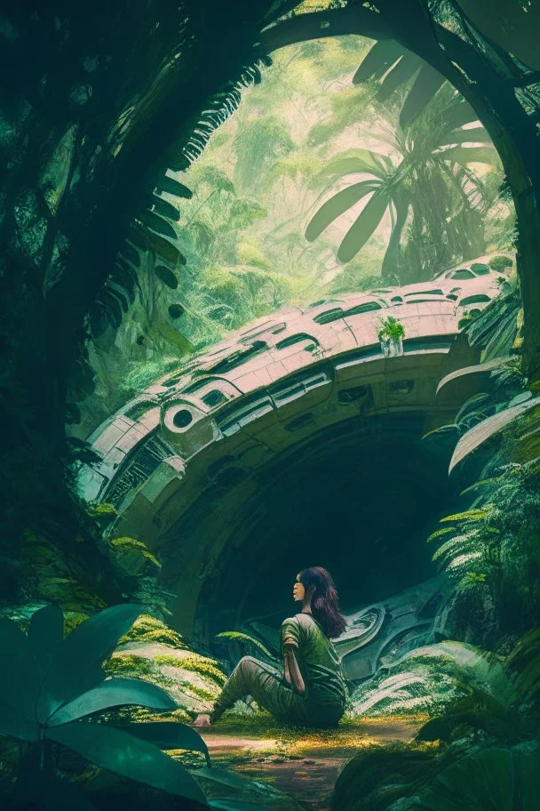 woman kneeling in a jungle glade with dense foliage, sitting under a huge curved space freighter, wide angle