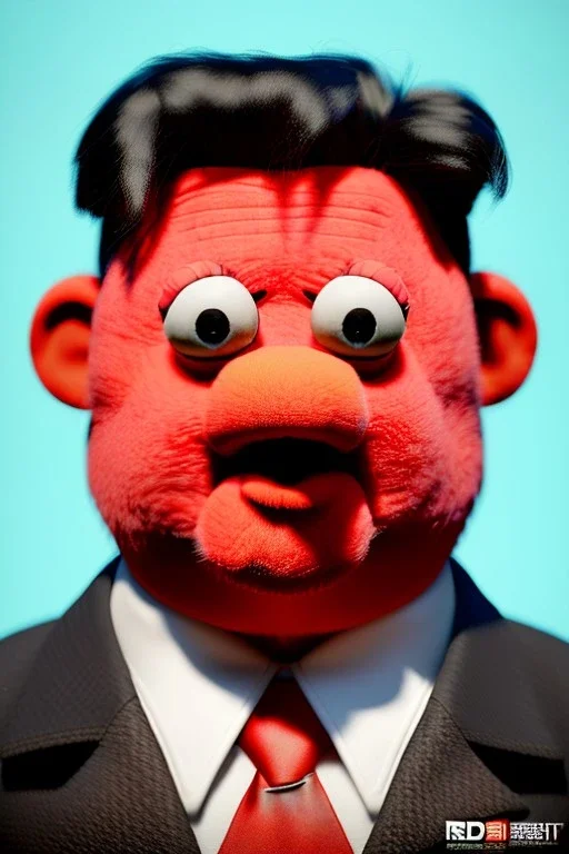 Waist up muppet Portrait, Kim Jong-un muppet doll, black suit, photo studio, red background, unreal engine 5, concept art, art station, god lights, ray tracing, RTX, lumen lighting, ultra detail, volumetric lighting, 3d.