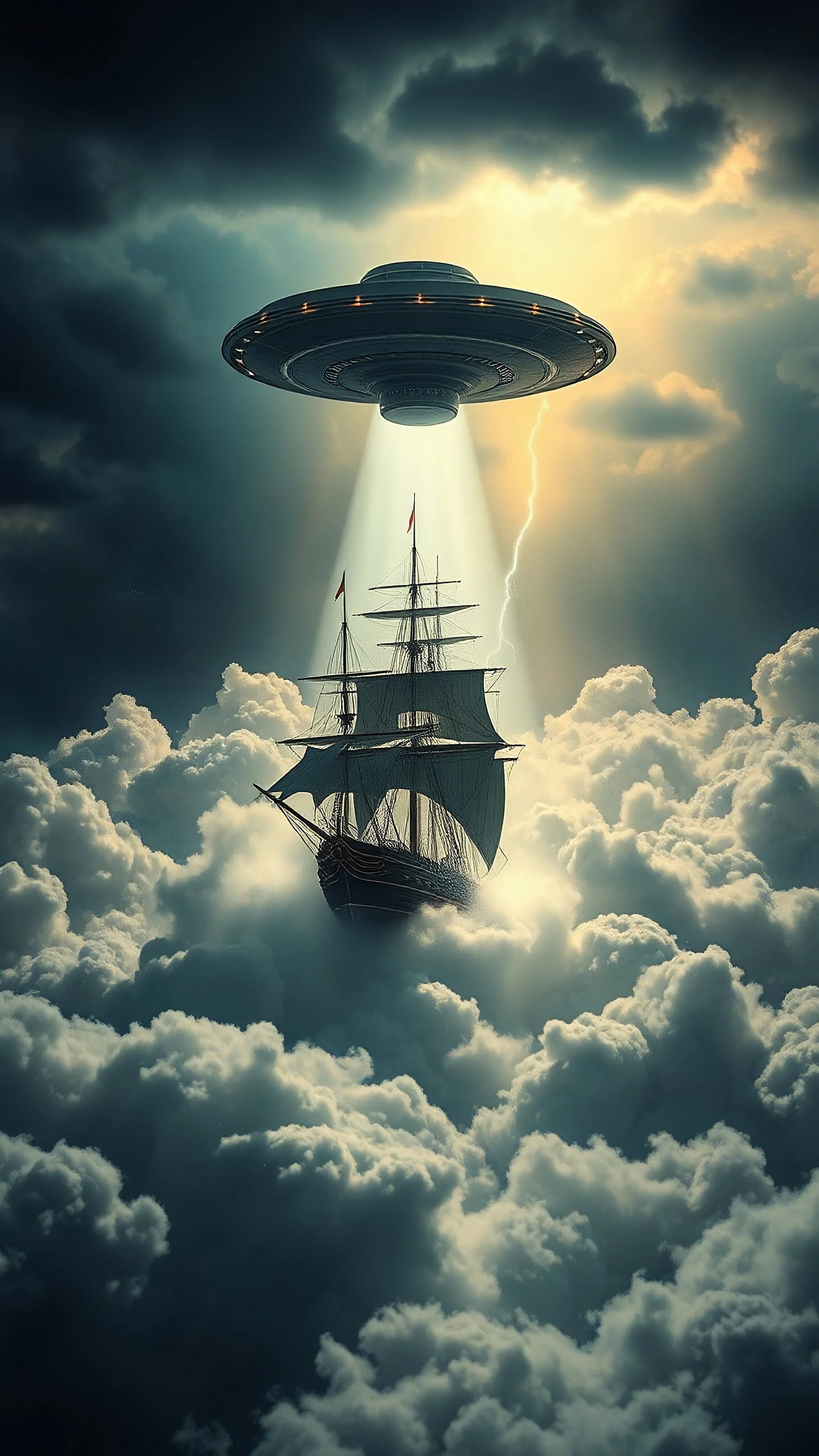 A ufo hovering above a pirate sailing ship hovering above swirling clouds, emerges from the heart of a raging storm. Turbulent winds of steam swirl around the iconic structure, lit by shafts of sunlight that cast dramatic shadows on the A large UFO spacecraft hovering by over a pirate’s saling ship surrounding clouds. A storm rages and thunder lights up the dark sky,