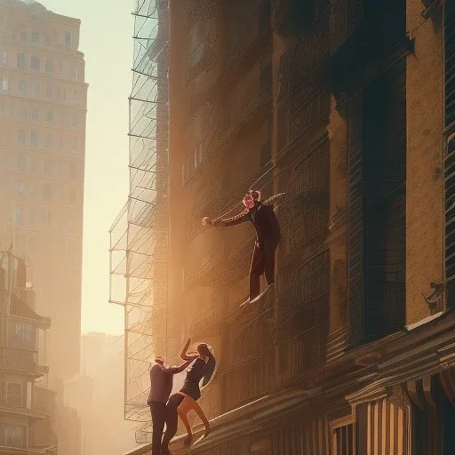 a man pushing a woman over a balcony, downtown new york, dramatic, dramatic lighting, volumetric lighting, hyperrealism, 8k, high quality, photorealistic, lot of details