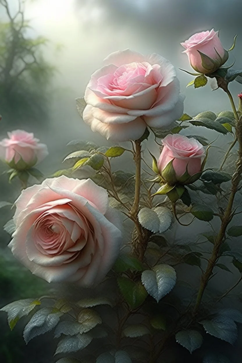 74. Watercolor, a bush of delicate pink roses, an ultra-detailed plant, morning, rain, beautiful landscape, fog, many details, delicate sensuality, realistic, high quality, 3d, work of art, hyperdetalization, filigree, hazy haze background, hyperrealism, professional, transparent, delicate pastel tones, back lighting, contrast, fantastic, unreal, translucent, glowing, clear lines, epic fabulous, fabulous landscape, hyperrealism