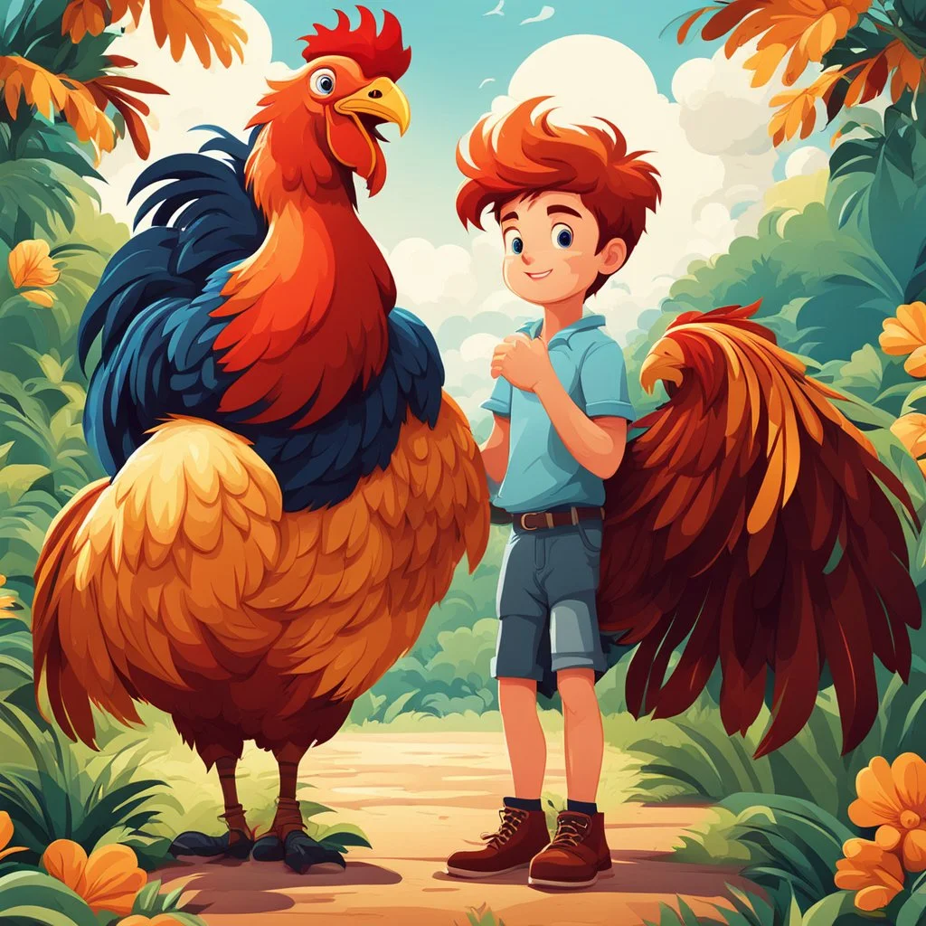 Ilustración estilo cartoon de un niño con un gallo gigante calidad ultra