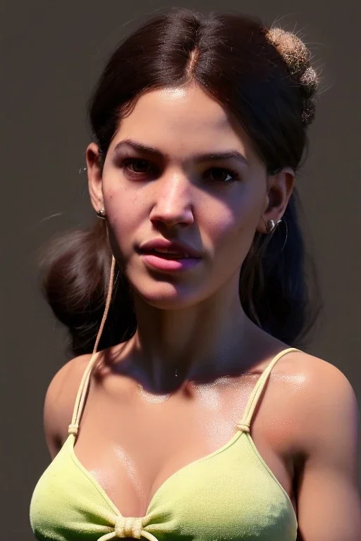 Realistic image, Rosalía artist, natural body ,portrait, standard complexion body, portrait, two bows, big t-shirt, fog, vibrant color, highly detailed, art stations, concept art, smooth, unreal engine 5, god rays, ray tracing, RTX, lumen lighting, ultra detail, volumetric lighting, 3d.