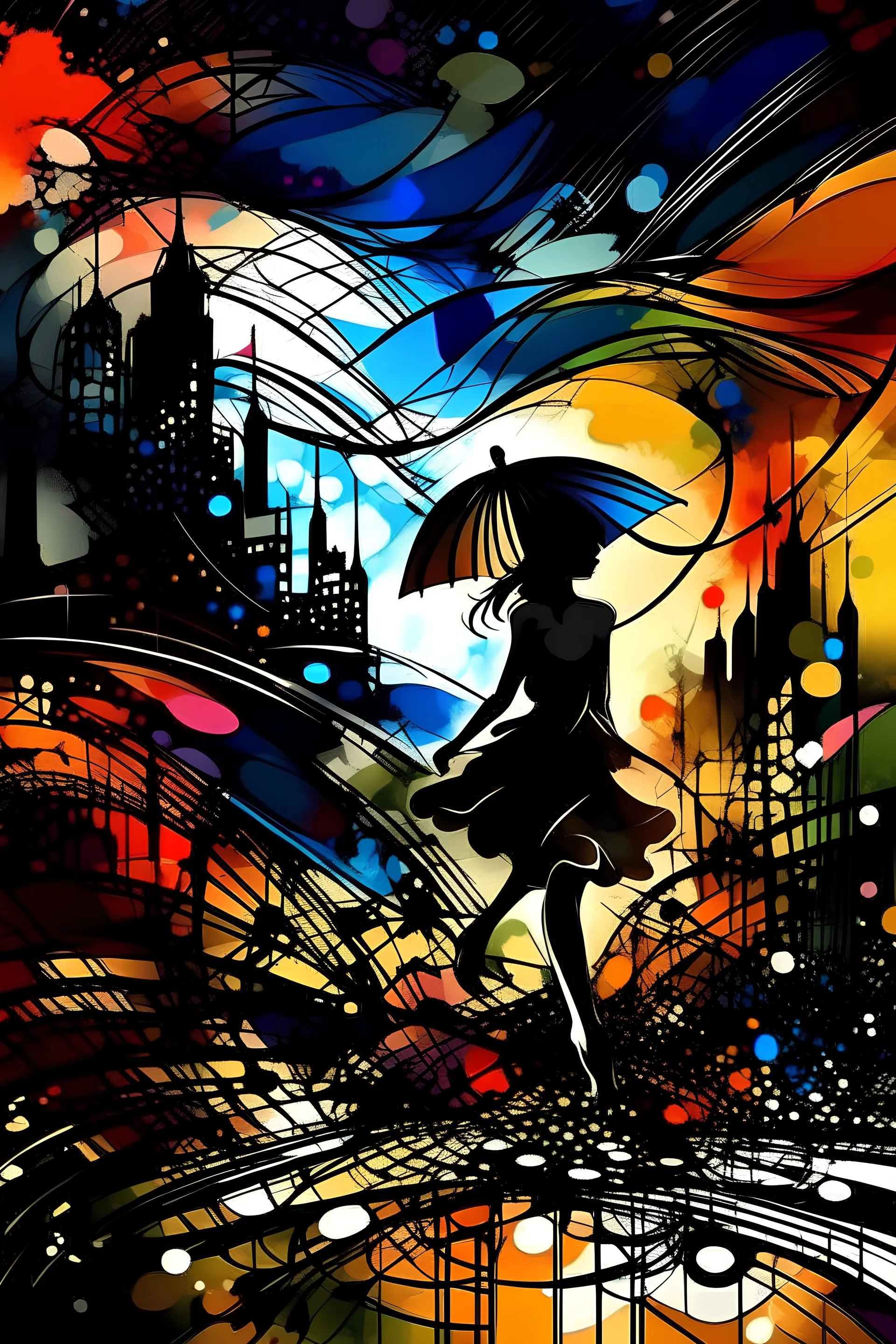 A spirited woman dancing with an umbrella amidst a chaotic cityscape, blending fluidity and structure. Sumi-e elements with a dynamic twist, vibrant city lights as a backdrop, expressive movement, urban energy, abstract contours, contrasting lights and darks, energetic and alive.v0.2