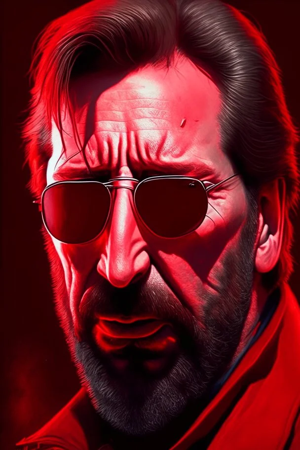 an intimidating disgusted and menacing looking Hans Gruber wearing red-tinted glasses