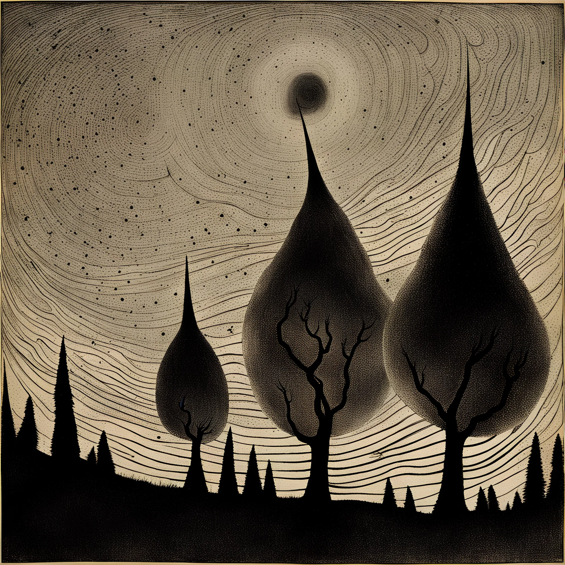 Beasts, peaceful, Max Ernst, night sky filled with galaxies and star-clusters, trees, one-line drawing, sharp focus