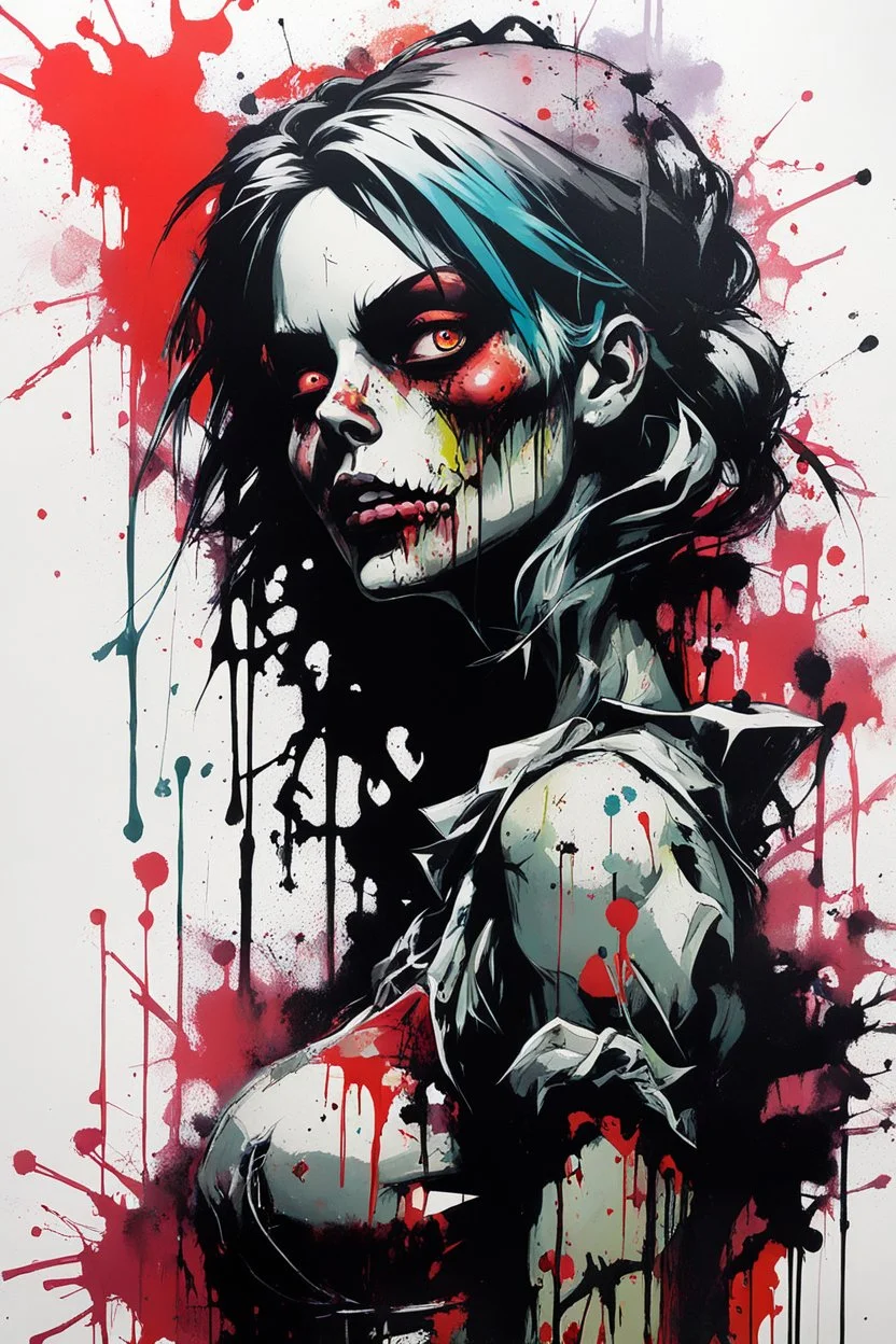 graffiti art of cartoon zombie girl , elaborate acrylic spray paint by Yoji shinkawa + nick Edwards style with bold brushstrokes, romantic, vibrant saturated natural color