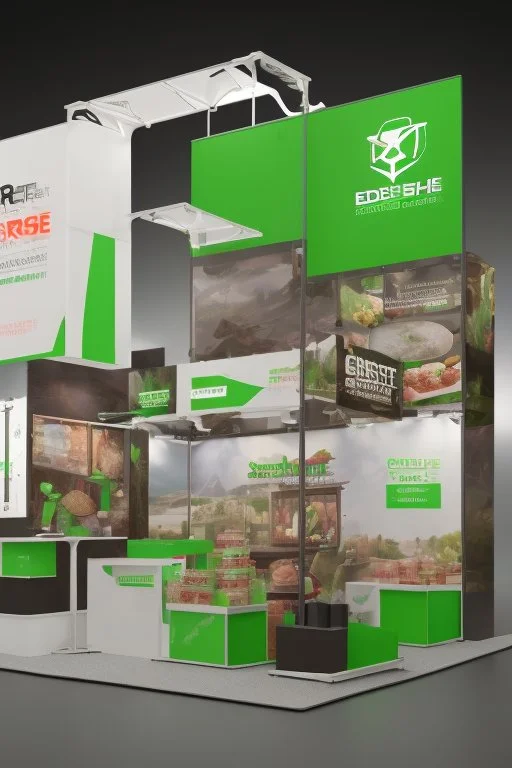 Corner green exhibition stand of a food company with product displays and a meeting area