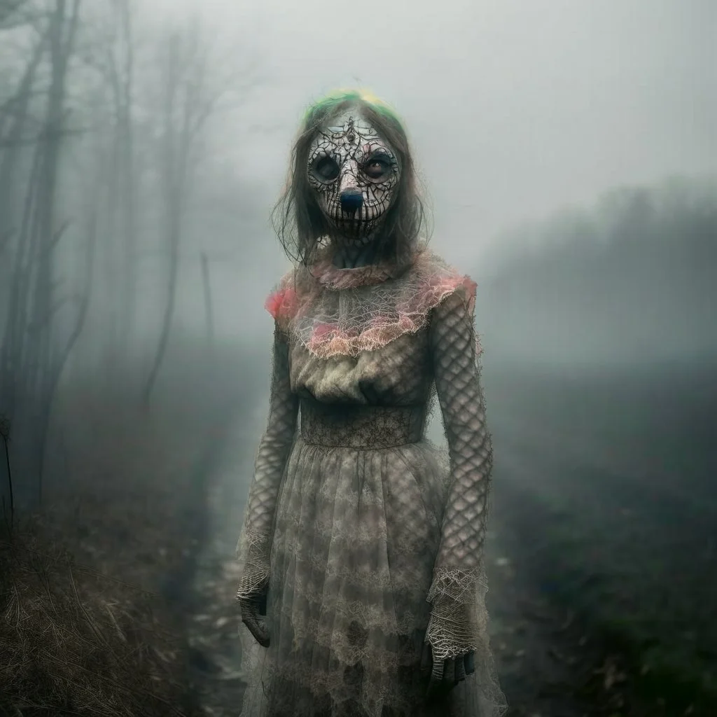 Countryside, morning, foggy. Gritty, raw portrait photo of obscene filthy demon with creepy face, eerily mysterious, grainy, intricate patterns, details of the dress and skin extremely accentuated