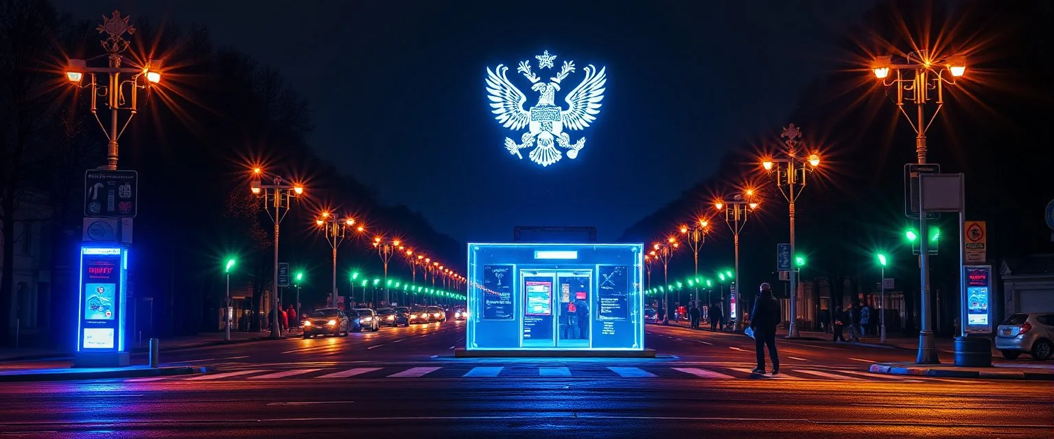 a holographic russian checkpoint projected by the street lights