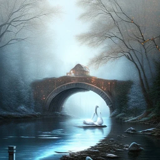 fantasy art, book cover, big swan under a bridge , old mill wheel ,icy water,seen through the tree tops, icy frame