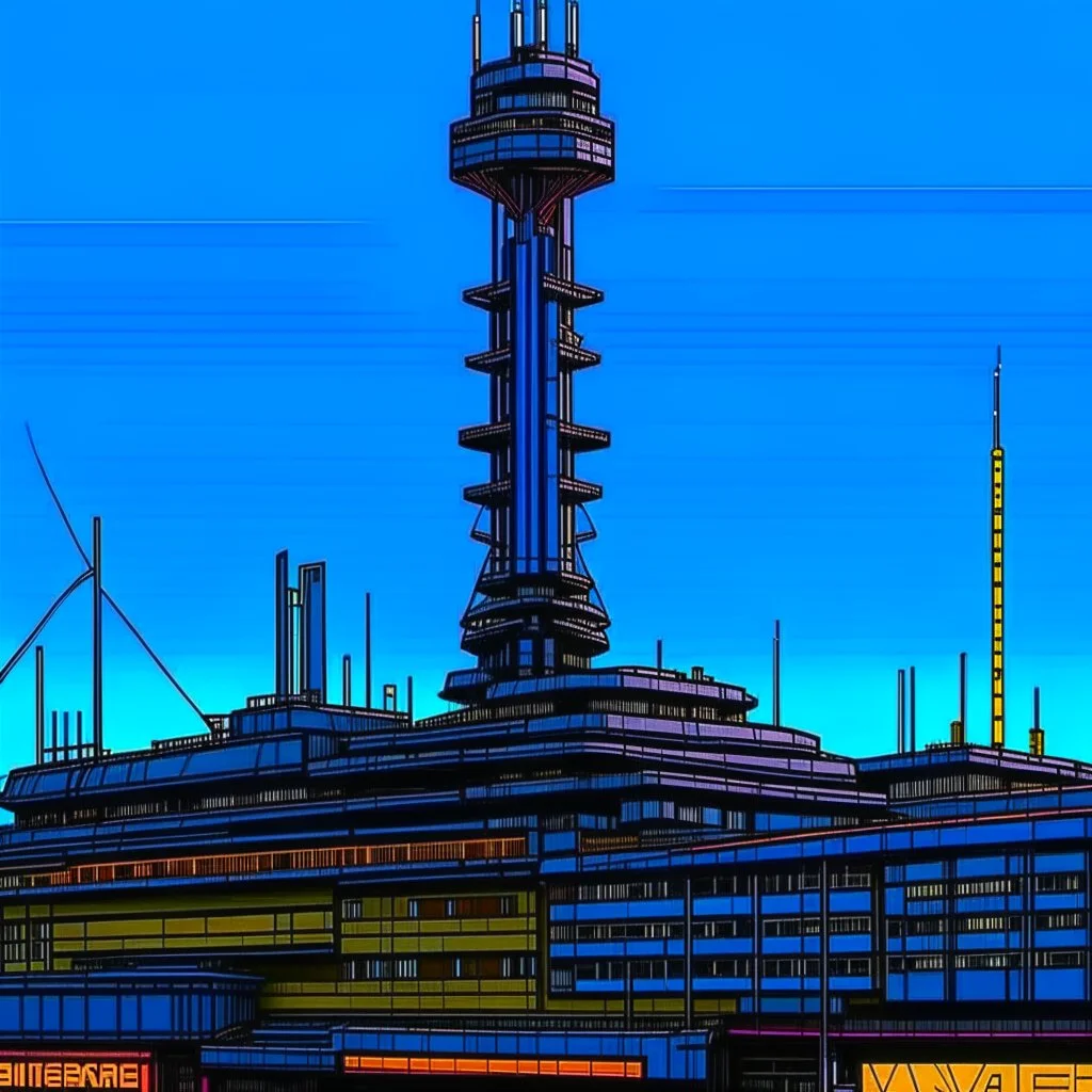 cyberpunk retro futuristic for comics really tall from far away