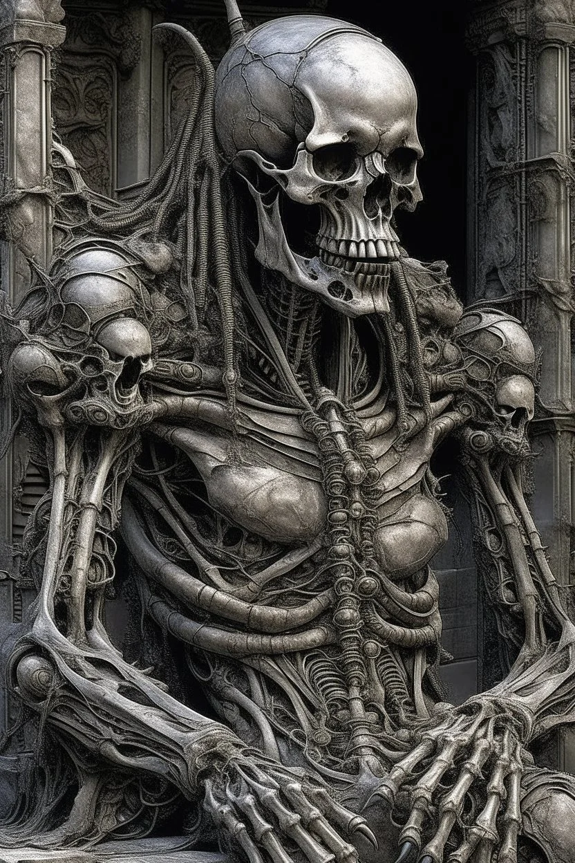 sculpture of a king , decayed and rotting with grotesque proportions and imagery. abstract grotesqueries, detailed texture, surreal , biomechanical design, by hr giger and beksinski