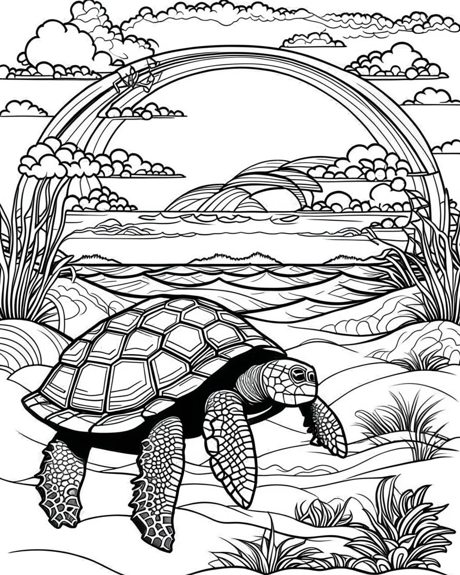 coloring pages for kids, Pacific island shaped Japanese ink painting, paradise, sea turtles, yellow sun , Art drawing .super detailed, anime cartoon style, thick lines, low detail, black and white, no shading, --ar 85:110