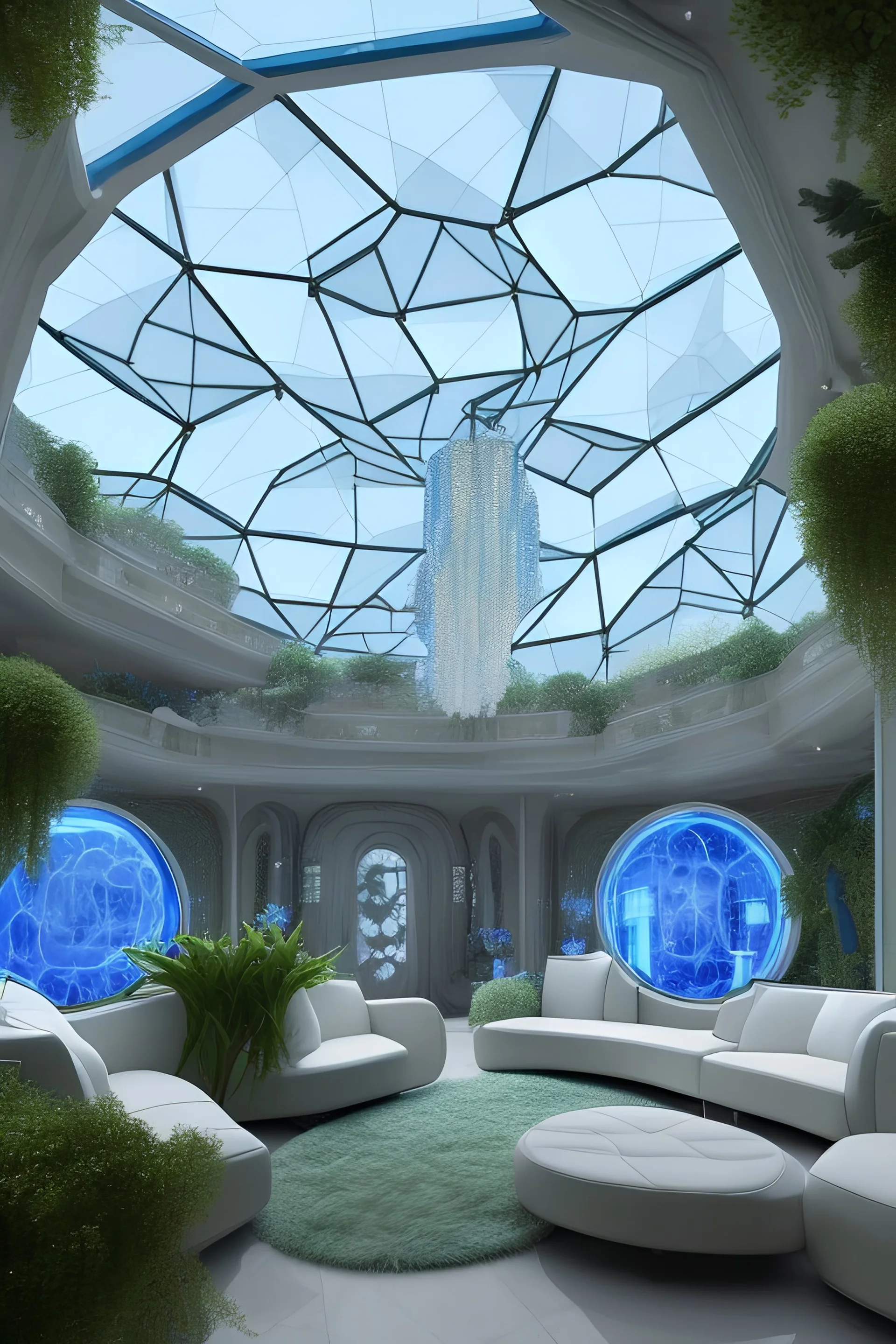 Bel intèrieur villa futuriste,ambiaance bleutée , meubles modernes avec domes géométriques régulier translucide, , colonnes en cristal avec fleurs, lumière,grands écran, plantes vertes, ambiance bleutée, trés réaliste, beaucoup de détails, HD