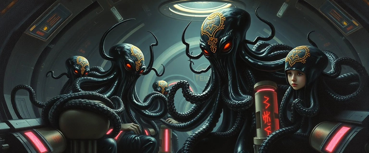 master oil painting by Rembrandt, black glistening slimy octopus insectoid hypnotic Nephilim tribal ornamented insignia trauma watchers commando in spaceship with some scared humans in huge neon canisters, in the style of Giger, 3d anime