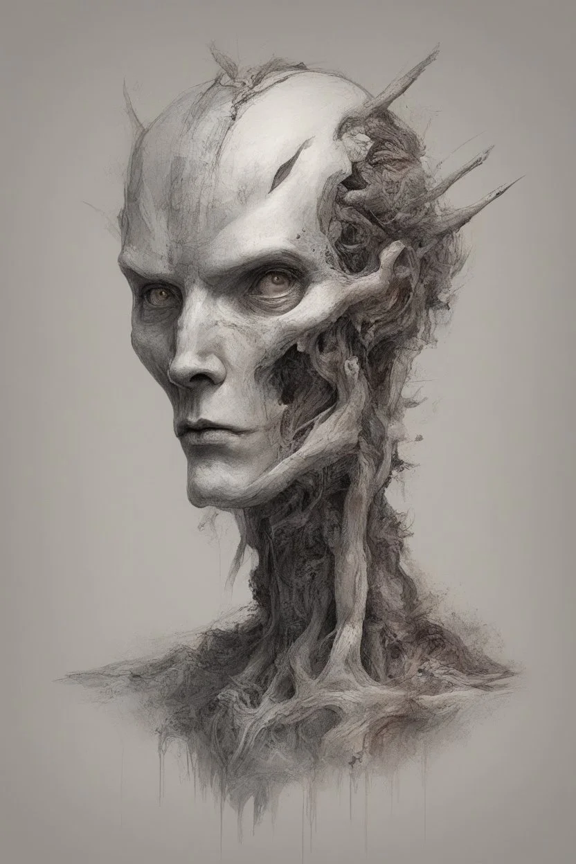 A creature half human half machine Busch painting style thine line draw