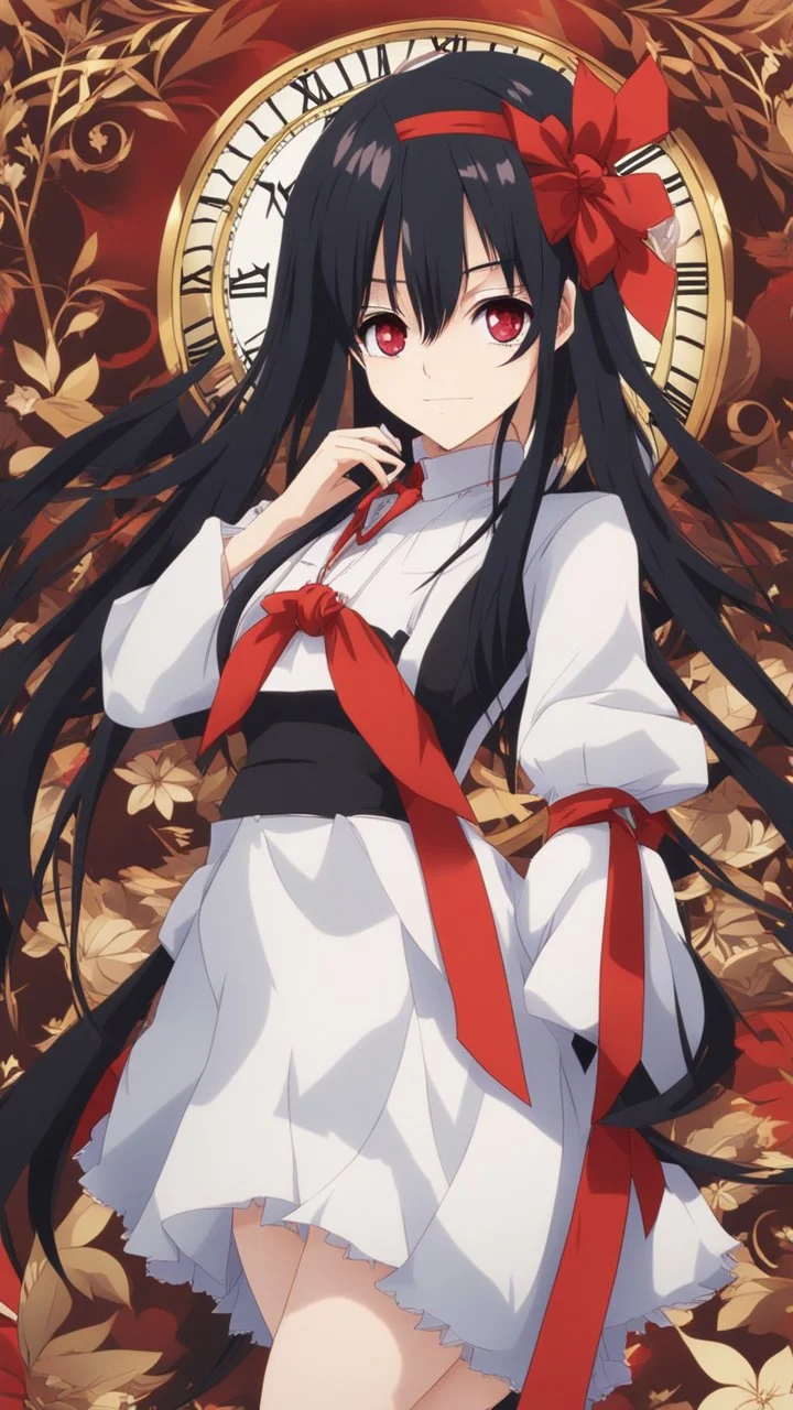 Tokisaki Kurumi appears to be elegant and has very polite manners, ivory skin and long, evil smile, crazy smile, black hair usually tied in long twin tails, deferent Eyes colors, right eye is red-tinted color, left eye appears as a golden color, inorganic clock face, a girl with astonishing beauty, wearing her astral black and red dress 'Elohim', left golden eye, intricate details, highly detailed, date a live anime art style