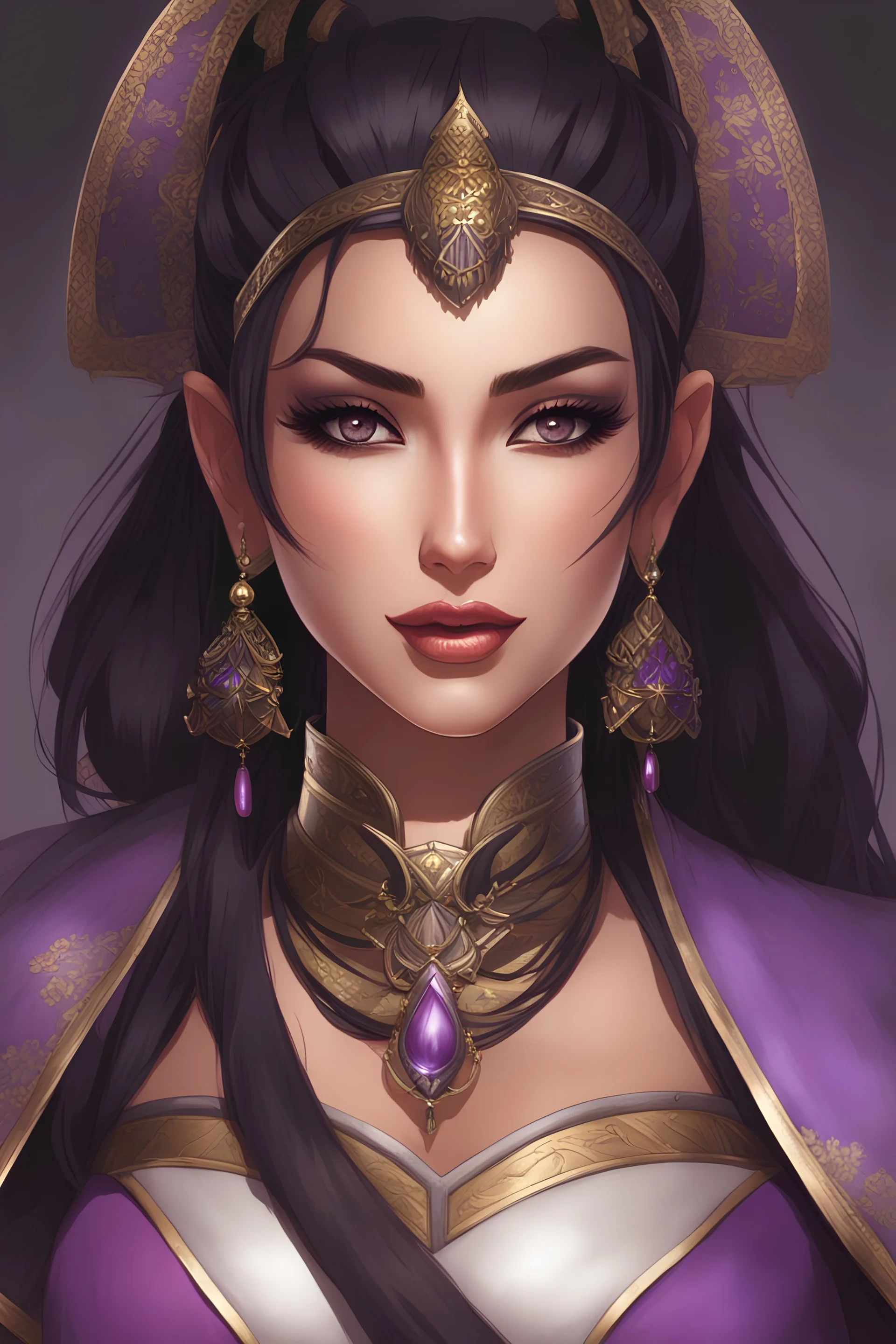 A female persian warrior princess, D cup, feudal japan, RPG character, travelling merchant, exotic, black hair in ponytail, perfect eyes, purple eyes, dark eyeshadows, long eyelashes, perfect face, perfect smile,curvaceous, hourglass body, stunning beautiful artwork, 8k, alluring, makeup, lipstick, detailed purple eyes, beautiful face, full body,perfect hands, anime by hiro mashima style, 8k, POV looking at viewer, elephants and desert in background