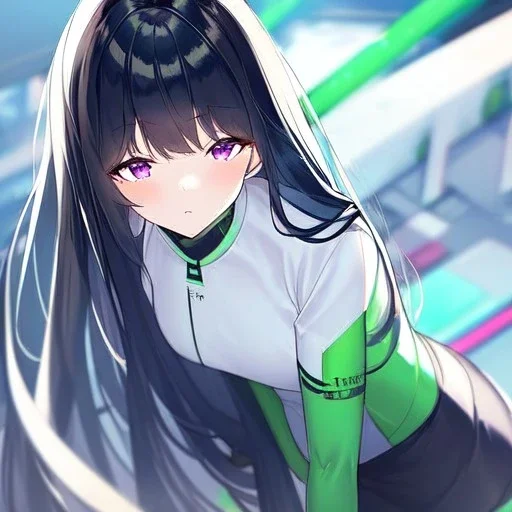 Clear focus,High resolution, Black long straight hair, Long bangs, and purple eyes, Looking down on you, wearing a sleevless white shirt, tight, green tattoos on one arm, wearing a short skirt that is dark blue, wearing long black boots