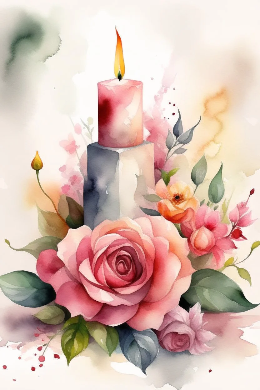 MAGIC A PYRAMID CANDLE IS BURNING AROUND WONDERFUL FLOWERS English watercolor, Smoky cream, pale gray, pale pink, pink background. bright light, a bouquet of roses on the table are pale pink, pale bordeaux, white, ochre. green stems, the light is translucent. Watercolor, fine ink drawing,