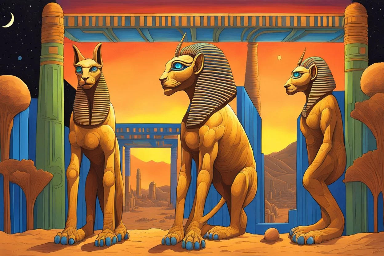 at night in an alley with :noctilucent glass sphinxes: on both sides, on the desert planet Gliese, by artist "Science Fiction",by artist "Luxor",by artist "Karnak Temple"