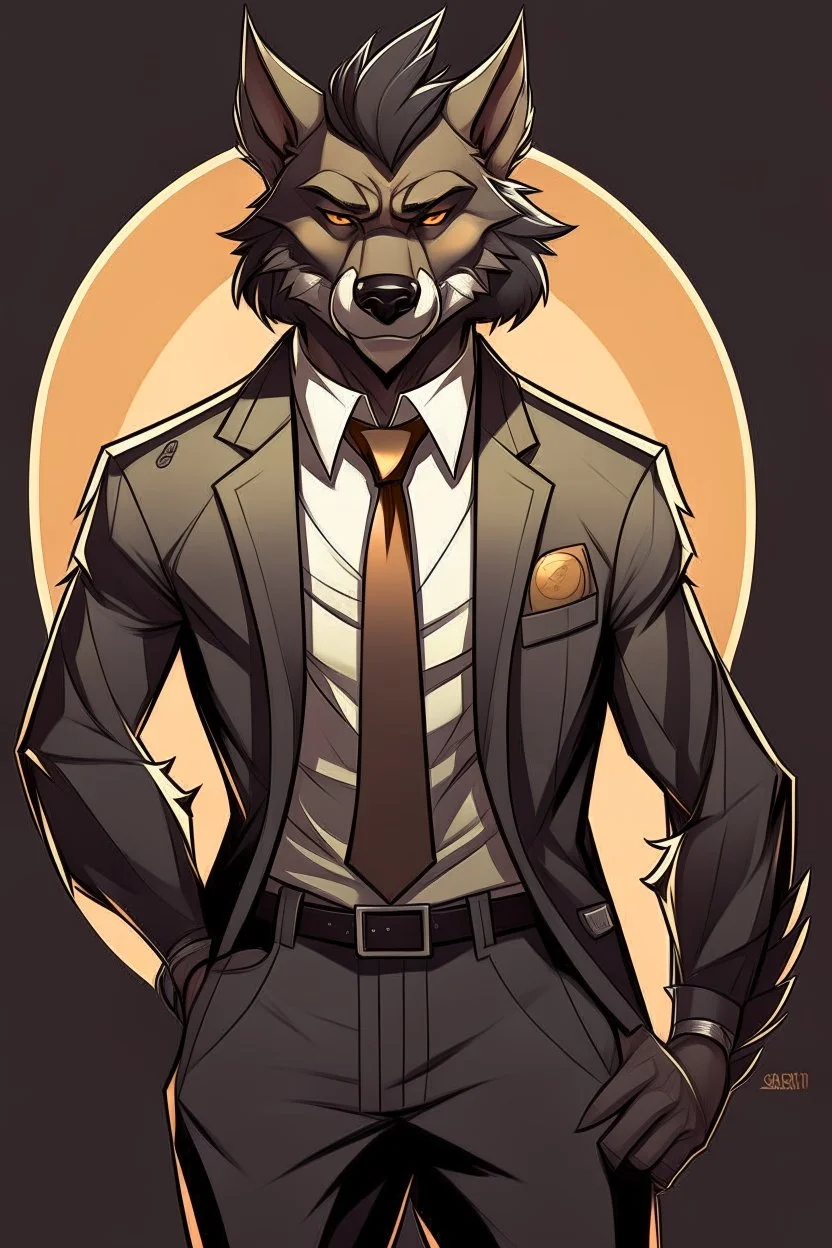 Buff, anthro, wolf, himbo, black fur, gold eyes, wearing a suit, full-body, muscles, strong, muscular,